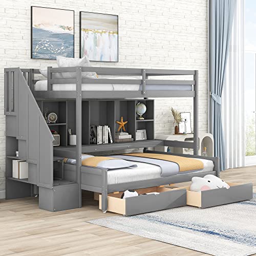 BIADNBZ Twin XL Over Full Bunk Bed with Built-in Storage Shelves and Drawers,Multi-Function Bedframe with Storage Staircase for Bedroom,Gray