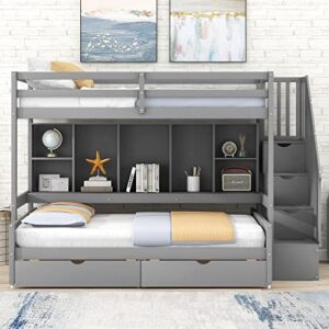 biadnbz twin xl over full bunk bed with built-in storage shelves and drawers,multi-function bedframe with storage staircase for bedroom,gray