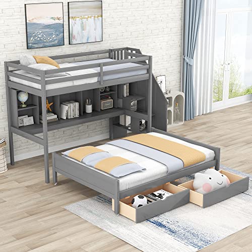 BIADNBZ Twin XL Over Full Bunk Bed with Built-in Storage Shelves and Drawers,Multi-Function Bedframe with Storage Staircase for Bedroom,Gray