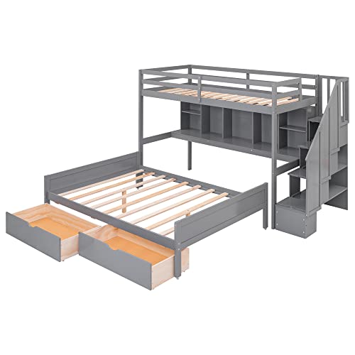 BIADNBZ Twin XL Over Full Bunk Bed with Built-in Storage Shelves and Drawers,Multi-Function Bedframe with Storage Staircase for Bedroom,Gray