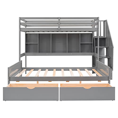 BIADNBZ Twin XL Over Full Bunk Bed with Built-in Storage Shelves and Drawers,Multi-Function Bedframe with Storage Staircase for Bedroom,Gray