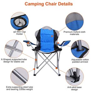 TeqHome Oversized Folding Camping Chair, Heavy Duty High Back Padded Arm Chair Support 330 LBS with Cup Holder, Outdoor Portable Lawn Chair Collapsible Quad Lumbar Back Chair for Sports Fishing Yard