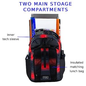 FUEL Backpack with Lunch Box Combo – 18” Two Compartment Water Resistant Durable Adjustable Straps with Side Water Bottle Pockets 2 in 1 Set - Red and Black