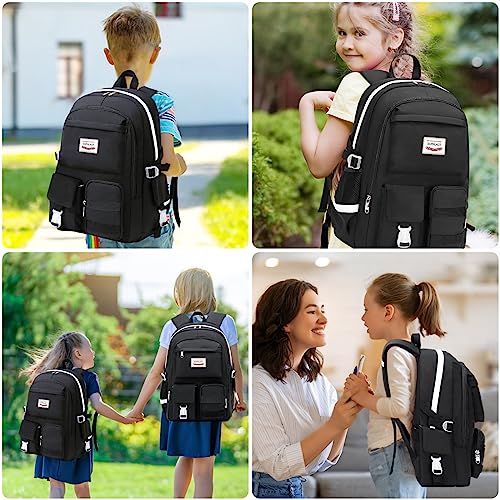 DUPHLAGT Backpack for Girls Boys, Water Resistant Causal Kids Backpack with Lunch Box, Lightweight Daypack School Bag for Elementary Teen Girls (Black)