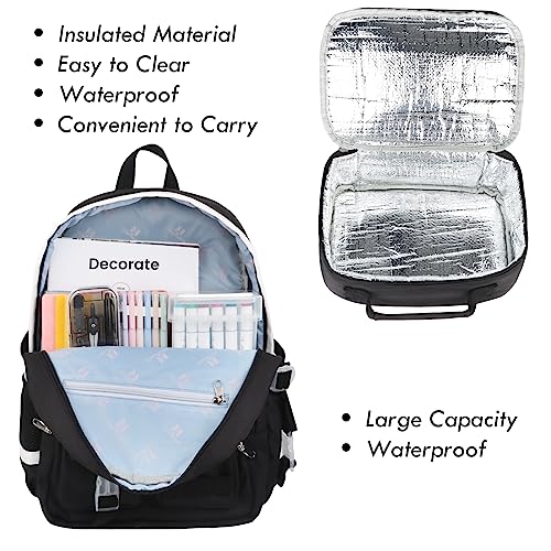 DUPHLAGT Backpack for Girls Boys, Water Resistant Causal Kids Backpack with Lunch Box, Lightweight Daypack School Bag for Elementary Teen Girls (Black)