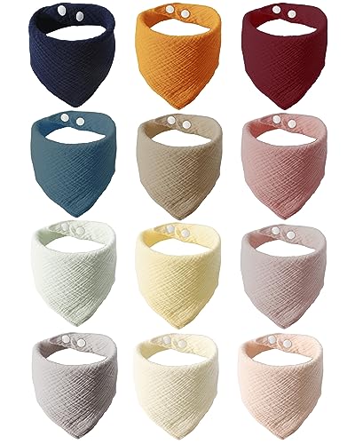 Muslin Bibs, 12 Pack Baby Bandana Bibs 100% Cotton, Absorbent Drool Bibs for Teething and Drooling, Unisex Solid Colors Muslin Bibs for Newborn Infant Baby Girl & Boy