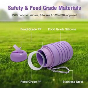 Luuttle Collapsible Water Bottle Reusable Silicone Purple Water Bottles for Travel Sports Gym Camping Hiking 20oz BPA Free