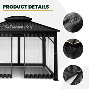 Gazebo Universal Replacement Mosquito Netting, OLILAWN 10' x 12' Outdoor Canopy Net Screen 4-Panel Sidewall Curtain, with Zippers, Easy to Install, Fit for Most Gazebo 10x12 Canopy, Black