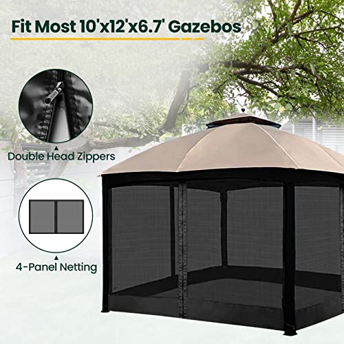 Gazebo Universal Replacement Mosquito Netting, OLILAWN 10' x 12' Outdoor Canopy Net Screen 4-Panel Sidewall Curtain, with Zippers, Easy to Install, Fit for Most Gazebo 10x12 Canopy, Black