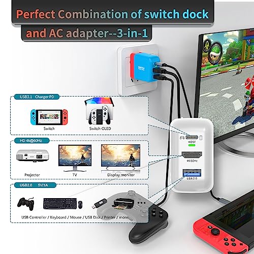 Switch Dock Charger for Nintendo Switch, Mirabox 36W Portable TV Docking Station for Nintendo Switch with 4K@60Hz HDMI/USB2.0/PD USB-C Fast Charging Ports, Full-Featured USB-C to USB-C Cable Included