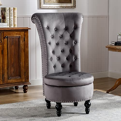 Icoget Gothic Queen of Throne Chair, Velvet High Back Chair w/Nailhead Trim, Button-Tufted Upholstered Royal Retro Accent Chair w/Rubberwood Legs and Storage Space for Living Room, Grey