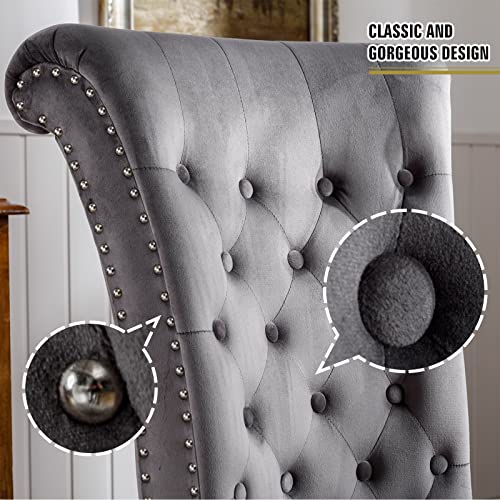 Icoget Gothic Queen of Throne Chair, Velvet High Back Chair w/Nailhead Trim, Button-Tufted Upholstered Royal Retro Accent Chair w/Rubberwood Legs and Storage Space for Living Room, Grey