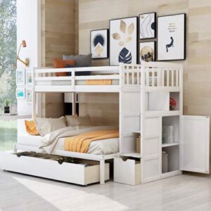 citylight bunk beds twin over full/twin with stairs, wood bunk beds with storage drawers and shelves, convertible bottom bed, stairway bunk bed for bedroom,dorm,white