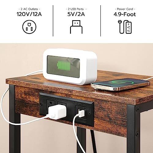 HOOBRO Tall Side Table with Charging Station, Industrial End Telephone Table with Mesh Shelf, Small Entryway Table, Slim Nightstand for Living Room, Hallway, Bedroom, Rustic Brown and Black BF08UDH01