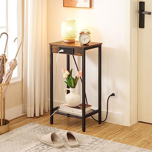 HOOBRO Tall Side Table with Charging Station, Industrial End Telephone Table with Mesh Shelf, Small Entryway Table, Slim Nightstand for Living Room, Hallway, Bedroom, Rustic Brown and Black BF08UDH01