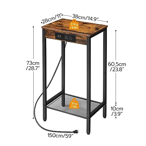 HOOBRO Tall Side Table with Charging Station, Industrial End Telephone Table with Mesh Shelf, Small Entryway Table, Slim Nightstand for Living Room, Hallway, Bedroom, Rustic Brown and Black BF08UDH01