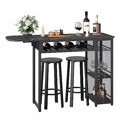 Bestier Bar Table and Chair Set, Expandable Dining Table with 2 Bar Stools, Industrial Kitchen Counter with Wine Rack & 3 Tier Adjustable Storage Shelves, Black Marble