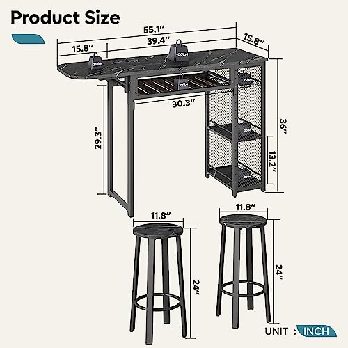 Bestier Bar Table and Chair Set, Expandable Dining Table with 2 Bar Stools, Industrial Kitchen Counter with Wine Rack & 3 Tier Adjustable Storage Shelves, Black Marble