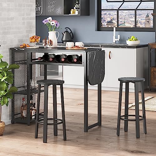 Bestier Bar Table and Chair Set, Expandable Dining Table with 2 Bar Stools, Industrial Kitchen Counter with Wine Rack & 3 Tier Adjustable Storage Shelves, Black Marble