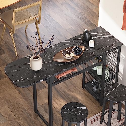 Bestier Bar Table and Chair Set, Expandable Dining Table with 2 Bar Stools, Industrial Kitchen Counter with Wine Rack & 3 Tier Adjustable Storage Shelves, Black Marble