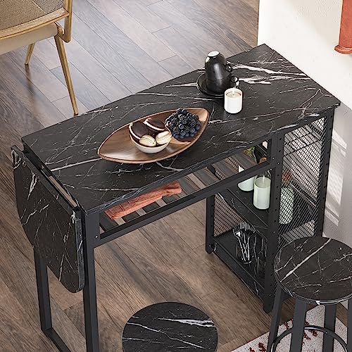 Bestier Bar Table and Chair Set, Expandable Dining Table with 2 Bar Stools, Industrial Kitchen Counter with Wine Rack & 3 Tier Adjustable Storage Shelves, Black Marble