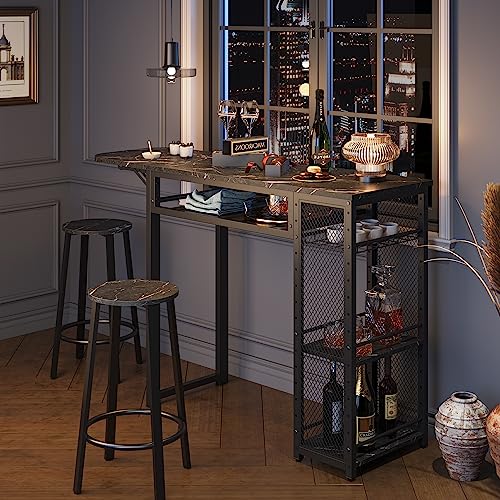 Bestier Bar Table and Chair Set, Expandable Dining Table with 2 Bar Stools, Industrial Kitchen Counter with Wine Rack & 3 Tier Adjustable Storage Shelves, Black Marble