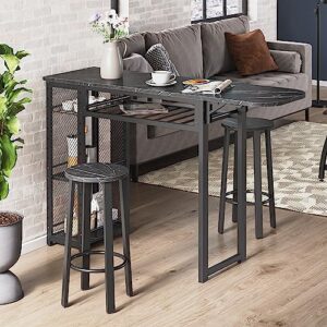 Bestier Bar Table and Chair Set, Expandable Dining Table with 2 Bar Stools, Industrial Kitchen Counter with Wine Rack & 3 Tier Adjustable Storage Shelves, Black Marble