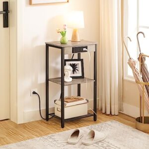 HOOBRO Tall End Table with Charging Station and USB Ports, 3-Tier Telephone Table, Small Entryway Table, Narrow Nightstand for Small Space in Living Room, Bedroom, Hallway, Rustic Brown BG09UDH01