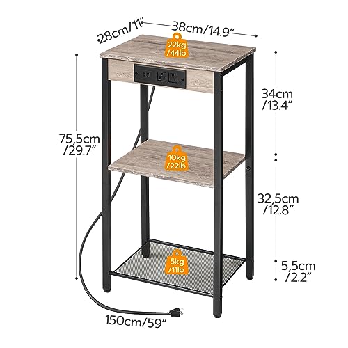 HOOBRO Tall End Table with Charging Station and USB Ports, 3-Tier Telephone Table, Small Entryway Table, Narrow Nightstand for Small Space in Living Room, Bedroom, Hallway, Rustic Brown BG09UDH01