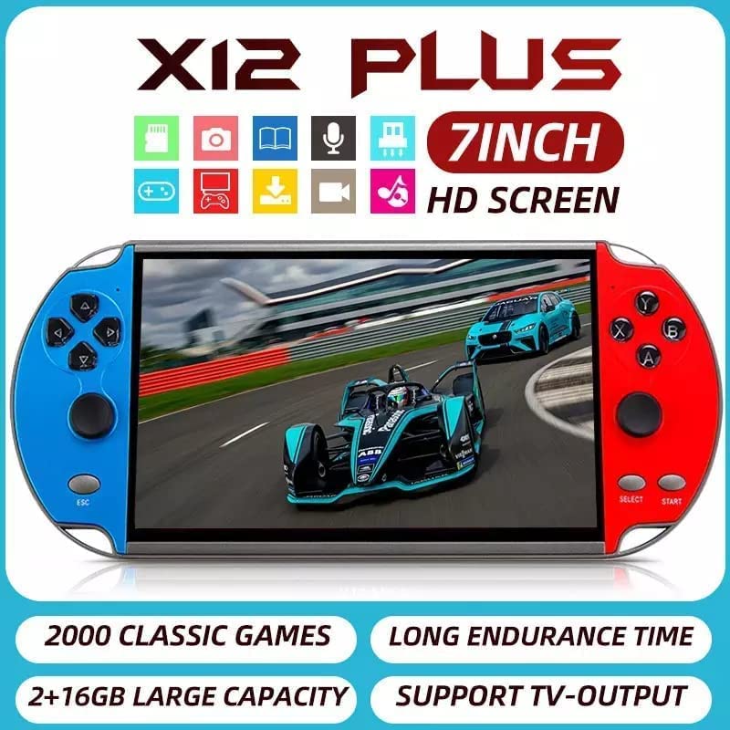 X12 Plus Handheld Game Console, 7 Inch HD Screen Retro Video Game Console, Built in 16GB TF Card & 1000 Games Handheld Double Joystick Game Controller, Support AV Output Music E-Book