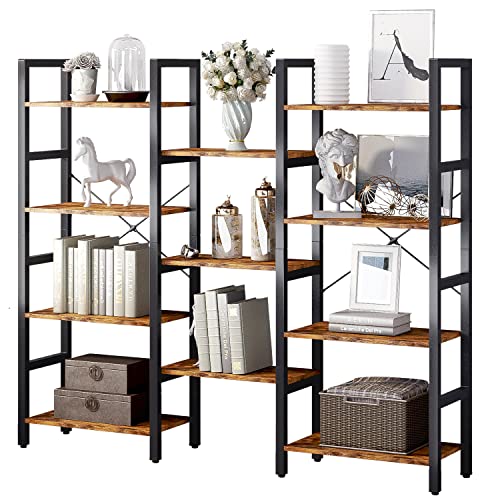 oneinmil Triple Wide 4-Shelf Corner Bookcase Industrial Vintage Wood Style Large Open Bookshelves for Home&Office, Rustic Brown (Rustic Brown, 4 Tier)