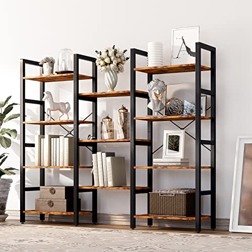 oneinmil Triple Wide 4-Shelf Corner Bookcase Industrial Vintage Wood Style Large Open Bookshelves for Home&Office, Rustic Brown (Rustic Brown, 4 Tier)