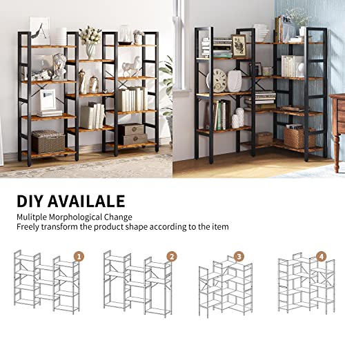 oneinmil Triple Wide 4-Shelf Corner Bookcase Industrial Vintage Wood Style Large Open Bookshelves for Home&Office, Rustic Brown (Rustic Brown, 4 Tier)