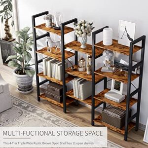 oneinmil Triple Wide 4-Shelf Corner Bookcase Industrial Vintage Wood Style Large Open Bookshelves for Home&Office, Rustic Brown (Rustic Brown, 4 Tier)