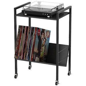 ybing record player stand black record player table with storage up to 80 albums turntable stand with record storage with metal frame and wheels for living room bedroom office