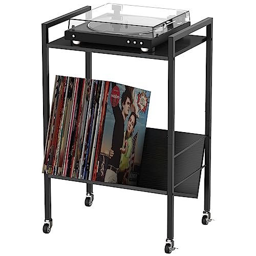 YBING Record Player Stand Black Record Player Table with Storage Up to 80 Albums Turntable Stand with Record Storage with Metal Frame and Wheels for Living Room Bedroom Office