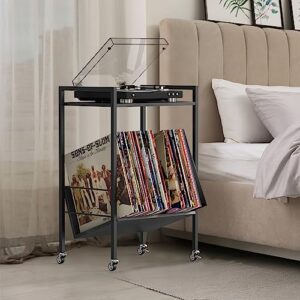 YBING Record Player Stand Black Record Player Table with Storage Up to 80 Albums Turntable Stand with Record Storage with Metal Frame and Wheels for Living Room Bedroom Office