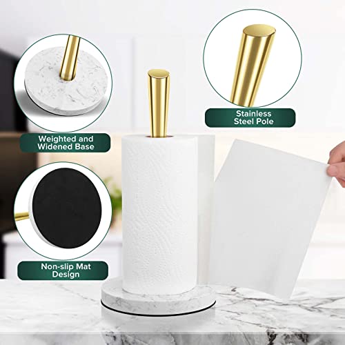 Paper Towel Holder Countertop, Gold Marble Stainless Steel Paper Towels Holder Stand, Kitchen Brushed Nickel Paper Towel Roll Holder for One-Handed Tear, COWSTOOK (Gold)