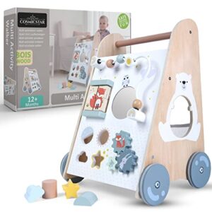 cosmicstar wooden baby walker - 6 in 1 activity cube walkers for babies, toys roll cart baby activity walkers for boys and girls or motor skills, cognitive thinking and hand-eye coordination