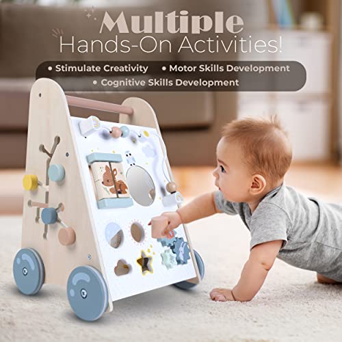 Cosmicstar Wooden Baby Walker - 6 in 1 Activity Cube Walkers for Babies, Toys Roll Cart Baby Activity Walkers for Boys and Girls or Motor Skills, Cognitive Thinking and Hand-Eye Coordination