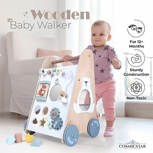 Cosmicstar Wooden Baby Walker - 6 in 1 Activity Cube Walkers for Babies, Toys Roll Cart Baby Activity Walkers for Boys and Girls or Motor Skills, Cognitive Thinking and Hand-Eye Coordination