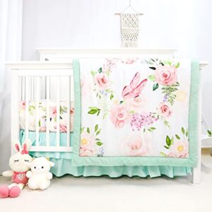 caruili 4-piece crib bedding set, baby girl crib bedding set butterflies floral nursery bedding set includes comforter, fitted crib sheet, crib skirt, and diaper stacker, green & pink