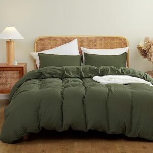 atsense duvet cover queen size, super soft 100% washed microfiber 3 piece olive green comforter cover bedding set with zipper closure, 1 duvet cover 90x90 and 2 pillowcases