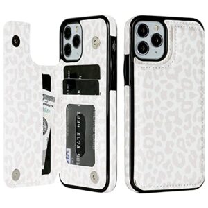 haopinsh for iphone 11 pro wallet case with card holder, white leopard cheetah pattern back flip case pu leather kickstand card slots case for women girls, double magnetic clasp shockproof cover 5.8"