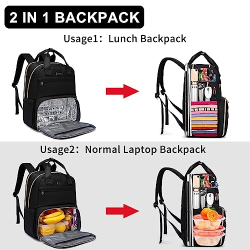 Lunch Backpack for Women, 15.6 inch Laptop Backpack with USB Port, Water Resistant Insulated Cooler Lunch Bag , Travel Work Laptop Bags with Lunch Box for College Work Pincic Camping Beaches, Black