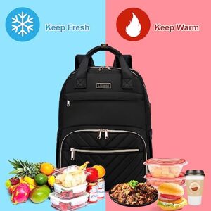 Lunch Backpack for Women, 15.6 inch Laptop Backpack with USB Port, Water Resistant Insulated Cooler Lunch Bag , Travel Work Laptop Bags with Lunch Box for College Work Pincic Camping Beaches, Black