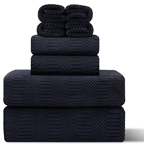 8 Piece Oversized Bath Towels Set Black,2 Extra Large Bath Towel Sheets,2 Hand Towels and 4 Washcloths 600 GSM Highly Absorbent Quick Dry Towels Set for Bathroom Hotel