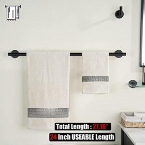 JQK Black Towel Bar, 24 Inch 304 Stainless Steel Thicken 0.8mm Towel Rack Bathroom, Towel Holder Matte Black Wall Mount, Total Length 27 Inch 2 Pack, TB110L24-PB-P2