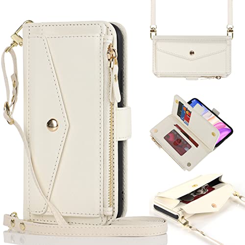 DEYHU for iPhone 11 Phone case Wallet with Zipper Card Holders for Women,iPhone 11 Phone Cases Slots Crossbody Flip Folio Book Cover with Credit Card Holder Men for iPhone11 case - White