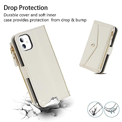 DEYHU for iPhone 11 Phone case Wallet with Zipper Card Holders for Women,iPhone 11 Phone Cases Slots Crossbody Flip Folio Book Cover with Credit Card Holder Men for iPhone11 case - White